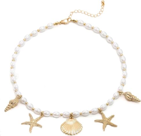 Boho Starfish Seashell Shell Pendant Necklace Adjustable Multilayered Natural Conch Pearl Seashell Choker Necklace Ocean-Themed Statement for Women Summer Beach Vacation Holiday Jewelry Gifts in Saudi Arabia