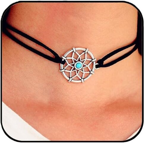 Aluinn Dream Catcher قلادة سوداء للنساء من الجلد المخملي، قلادة من الدانتيل، قلادة بطبقات بوهو، هدايا مجوهرات قوطية للنساء in Kuwait