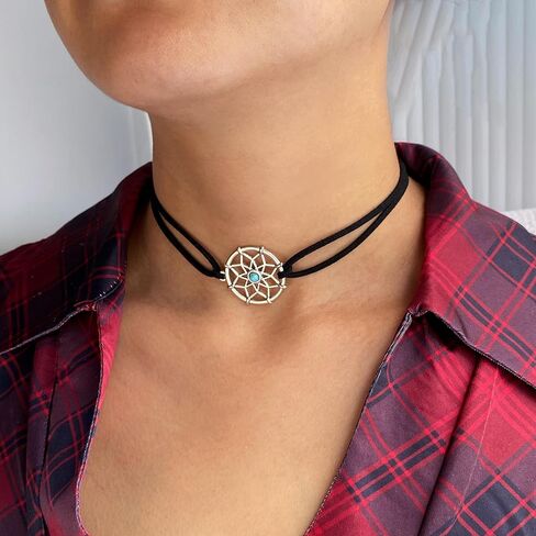 Aluinn Dream Catcher قلادة سوداء للنساء من الجلد المخملي، قلادة من الدانتيل، قلادة بطبقات بوهو، هدايا مجوهرات قوطية للنساء in Kuwait