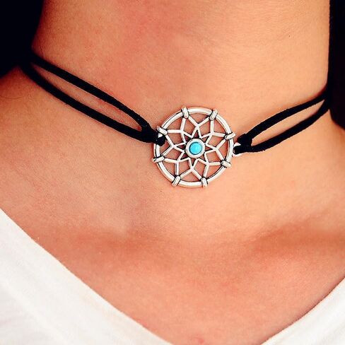 Aluinn Dream Catcher قلادة سوداء للنساء من الجلد المخملي، قلادة من الدانتيل، قلادة بطبقات بوهو، هدايا مجوهرات قوطية للنساء in Kuwait