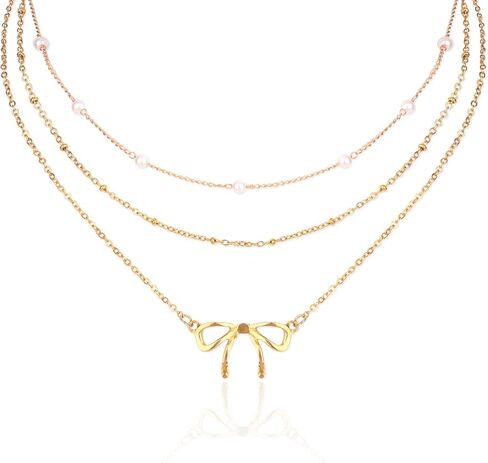 3 قطع قلادة ذهبية للنساء، قلادة على شكل فيونكة من اللؤلؤ عيار 14 قيراط مطلية بطبقات من الذهب سلسلة مكدسة أنيقة وجذابة وعصرية هدايا مجوهرات نسائية in Kuwait