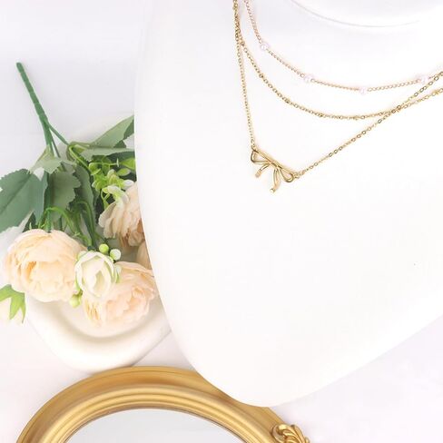 3 قطع قلادة ذهبية للنساء، قلادة على شكل فيونكة من اللؤلؤ عيار 14 قيراط مطلية بطبقات من الذهب سلسلة مكدسة أنيقة وجذابة وعصرية هدايا مجوهرات نسائية in Kuwait