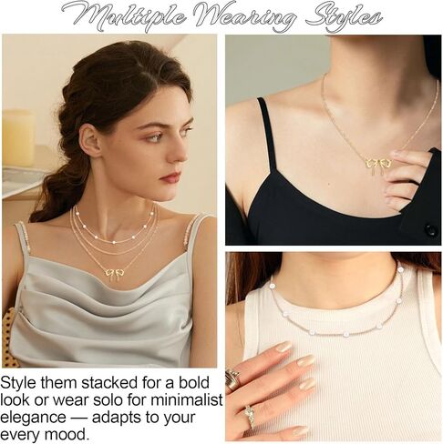 3 قطع قلادة ذهبية للنساء، قلادة على شكل فيونكة من اللؤلؤ عيار 14 قيراط مطلية بطبقات من الذهب سلسلة مكدسة أنيقة وجذابة وعصرية هدايا مجوهرات نسائية in Kuwait