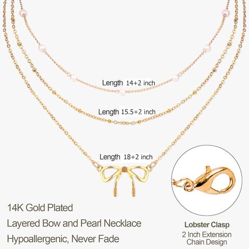 3 قطع قلادة ذهبية للنساء، قلادة على شكل فيونكة من اللؤلؤ عيار 14 قيراط مطلية بطبقات من الذهب سلسلة مكدسة أنيقة وجذابة وعصرية هدايا مجوهرات نسائية in Kuwait