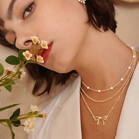 3 قطع قلادة ذهبية للنساء، قلادة على شكل فيونكة من اللؤلؤ عيار 14 قيراط مطلية بطبقات من الذهب سلسلة مكدسة أنيقة وجذابة وعصرية هدايا مجوهرات نسائية in Kuwait