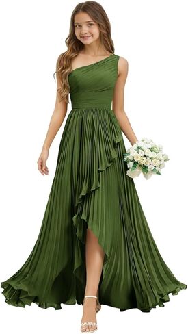 One Shoulder Junior Bridesmaid Dress for Wedding Chiffon Sleeveless Pleated A-Line Slit Long Girls Flower Girl Dress in Kuwait
