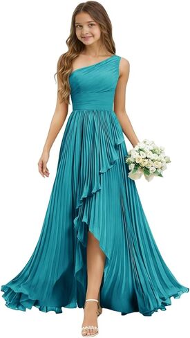 One Shoulder Junior Bridesmaid Dress for Wedding Chiffon Sleeveless Pleated A-Line Slit Long Girls Flower Girl Dress in Saudi Arabia