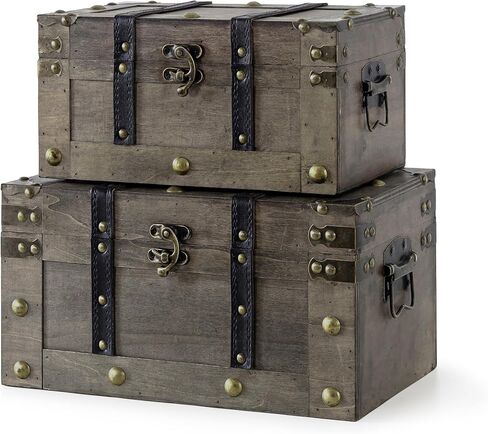 Soul & Lane Wood Treasure Chests - Set of 2, Antique Storage Trunks, Decorative Wooden Storage Boxes with Hinged Lids for Keepsakes and Home Décor in Saudi Arabia