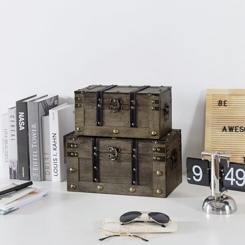 Soul & Lane Wood Treasure Chests - Set of 2, Antique Storage Trunks, Decorative Wooden Storage Boxes with Hinged Lids for Keepsakes and Home Décor in Saudi Arabia