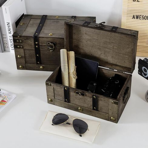 Soul & Lane Wood Treasure Chests - Set of 2, Antique Storage Trunks, Decorative Wooden Storage Boxes with Hinged Lids for Keepsakes and Home Décor in Saudi Arabia
