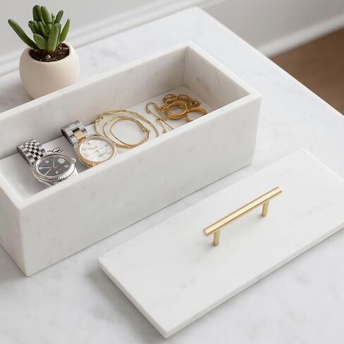 Decorative Rectangular Marble Boxes with Metal Handle for House Decor - Elegant Jewelry, Keepsake, and Storage Box - Perfect Home Organizer Box for Coffee Table or Office Desk - 8", White & Gold in Kuwait