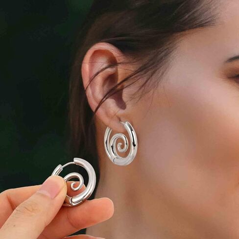 2pcs Sea Wave Spiral Earrings for Women, Stainless Steel Thick Round Swirl Earrings Personality Spiral Hoop Jewelry for Women Accessories in Saudi Arabia