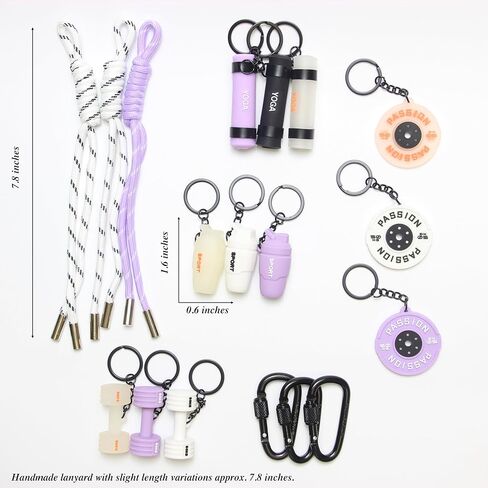18PCS Fitness Yoga Keychain Set, Gym Charms with Dumbbell, Weight Plate & Shaker Bottle, Paracord Loops & D-Ring Clips for Keys & Bags – White Purple in Saudi Arabia