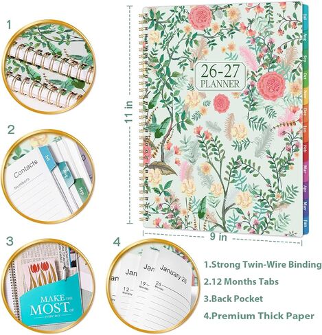 Planner 2026-2027 - Academic Planner, 9" x 11", Jul. 2026 - Jun. 2027, 2026-2027 Planner Weekly and Monthly with Colorful Tabs, Strong Twin-wire Binding, Back Pocket - Floral in Saudi Arabia