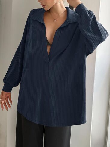 Fisoew Womens Oversized Deep V Neck Sweatshirts Casual Collared Long Sleeve Ribbed Knit Pullover Tops Navy in Saudi Arabia