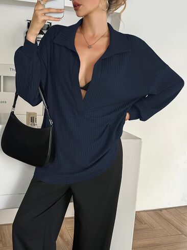 Fisoew Womens Oversized Deep V Neck Sweatshirts Casual Collared Long Sleeve Ribbed Knit Pullover Tops Navy in Saudi Arabia
