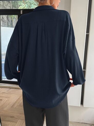 Fisoew Womens Oversized Deep V Neck Sweatshirts Casual Collared Long Sleeve Ribbed Knit Pullover Tops Navy in Saudi Arabia