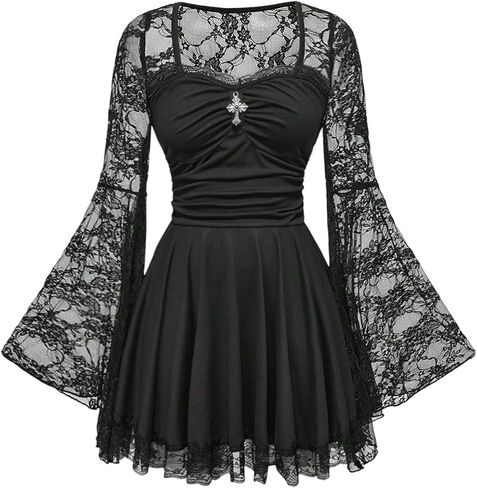 فستان نسائي قصير على الطراز القوطي متقاطع من الدانتيل الجرونج وعصر النهضة وأكمام طويلة مكشكش على شكل حرف A فساتين واسعة in Kuwait