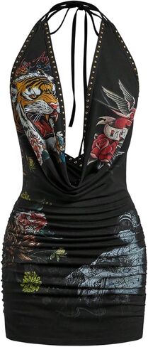 SOLY HUX Women's Y2k Deep V Neck Halter Mini Dress Graphic Open Back Draped Sleeveless Bodycon Studded Punk Party Dresses in Saudi Arabia