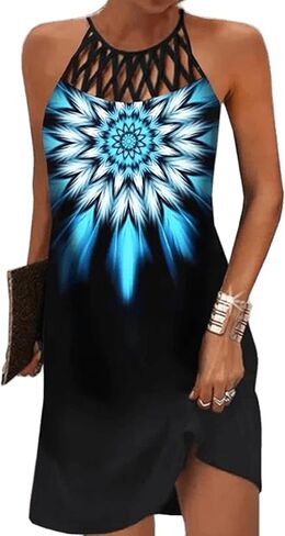 Summer Dresses for Women 2024 Casual Floral Hollow Out Halter Neck A-line Sundresses for Beach Vacation in Kuwait