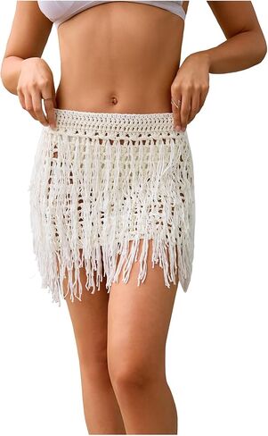 Floerns Women's Solid Hollow Out Fringe Hem Crochet Swim Beach Cover Up Skirt in Kuwait