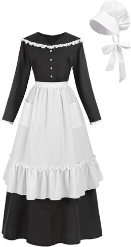 Nuoqi Pioneer Dress Women Black Colonial Costume Adult Pilgrim Costume with Apron Bonnet in Saudi Arabia