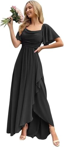 Flutter Sleeve Bridesmaid Dresses for Women Flowly Chiffon Ruched Formal Gown Cowl Neck Wedding Guest Dress with Slit in Kuwait