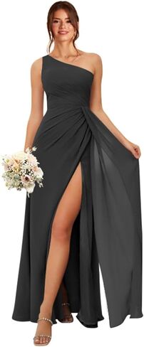 One Shoulder Bridesmaid Dresses for Women Long Ruched Chiffon A Line Formal Evening Dress with Slit KY001 in Saudi Arabia