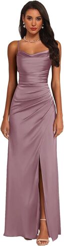 Bridesmaid Dress with Slit Satin Pleated Prom Dresses for Women Cowl Neck Sleeveless Long Wedding Guest Gowns in Saudi Arabia