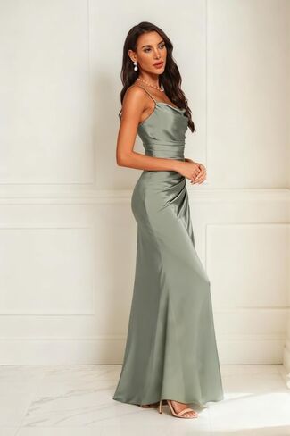 Bridesmaid Dress with Slit Satin Pleated Prom Dresses for Women Cowl Neck Sleeveless Long Wedding Guest Gowns in Saudi Arabia