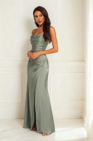 Bridesmaid Dress with Slit Satin Pleated Prom Dresses for Women Cowl Neck Sleeveless Long Wedding Guest Gowns in Saudi Arabia
