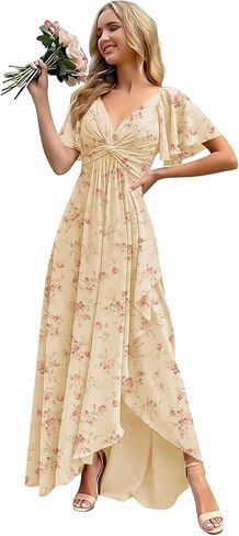 V Neck Chiffon Bridesmaid Dresses with Sleeves A-Line Pleated Long Ruffle Formal Evening Dresses for Women in Kuwait