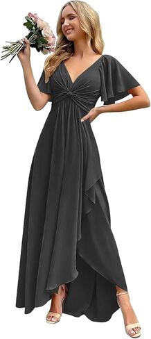 V Neck Chiffon Bridesmaid Dresses with Sleeves A-Line Pleated Long Ruffle Formal Evening Dresses for Women in Saudi Arabia