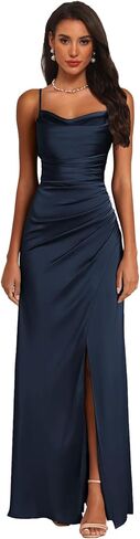 Bridesmaid Dress with Slit Satin Pleated Prom Dresses for Women Cowl Neck Sleeveless Long Wedding Guest Gowns in Saudi Arabia
