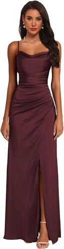 Bridesmaid Dress with Slit Satin Pleated Prom Dresses for Women Cowl Neck Sleeveless Long Wedding Guest Gowns in Saudi Arabia