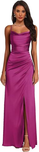 Bridesmaid Dress with Slit Satin Pleated Prom Dresses for Women Cowl Neck Sleeveless Long Wedding Guest Gowns in Saudi Arabia