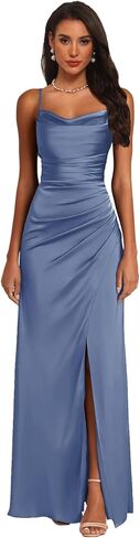 Bridesmaid Dress with Slit Satin Pleated Prom Dresses for Women Cowl Neck Sleeveless Long Wedding Guest Gowns in Saudi Arabia