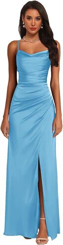 Bridesmaid Dress with Slit Satin Pleated Prom Dresses for Women Cowl Neck Sleeveless Long Wedding Guest Gowns in Saudi Arabia