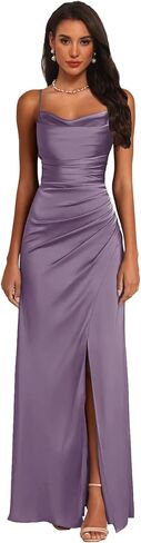 Bridesmaid Dress with Slit Satin Pleated Prom Dresses for Women Cowl Neck Sleeveless Long Wedding Guest Gowns in Saudi Arabia