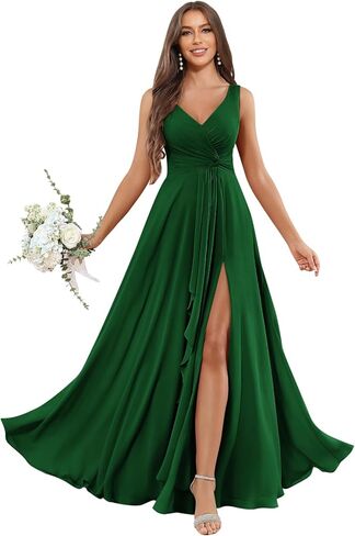 Chiffon Bridesmaid Dresses for Women Ruffle Sleeveless A Line Long Formal Evening Gown with Pockets in Kuwait