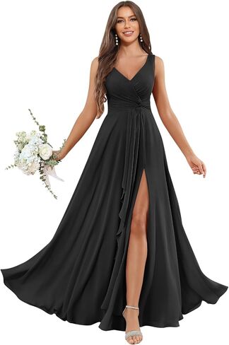 Chiffon Bridesmaid Dresses for Women Ruffle Sleeveless A Line Long Formal Evening Gown with Pockets in Saudi Arabia