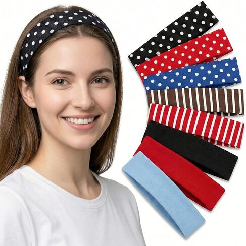 8 Pack Polka Dot Headbands for Women's Hair, Non Slip Wide Stretchy Hair Bands, Vintage Striped Elastic Head Bands for Yoga Workout Fashion Accessories (8 Styles) in Kuwait
