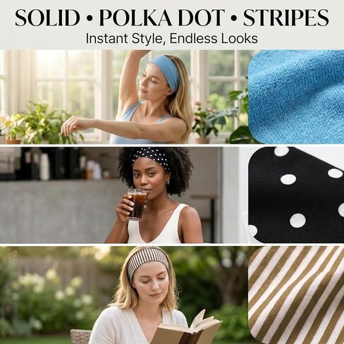 8 Pack Polka Dot Headbands for Women's Hair, Non Slip Wide Stretchy Hair Bands, Vintage Striped Elastic Head Bands for Yoga Workout Fashion Accessories (8 Styles) in Kuwait