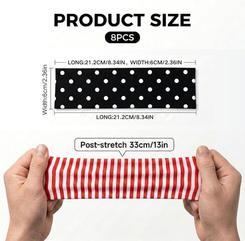 8 Pack Polka Dot Headbands for Women's Hair, Non Slip Wide Stretchy Hair Bands, Vintage Striped Elastic Head Bands for Yoga Workout Fashion Accessories (8 Styles) in Kuwait