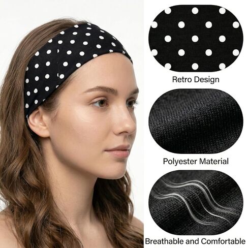 8 Pack Polka Dot Headbands for Women's Hair, Non Slip Wide Stretchy Hair Bands, Vintage Striped Elastic Head Bands for Yoga Workout Fashion Accessories (8 Styles) in Kuwait