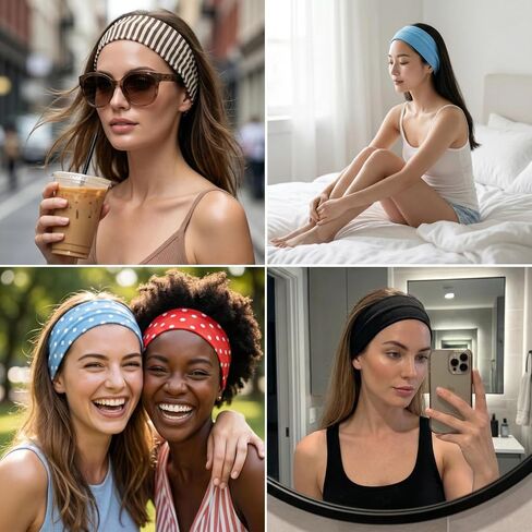 8 Pack Polka Dot Headbands for Women's Hair, Non Slip Wide Stretchy Hair Bands, Vintage Striped Elastic Head Bands for Yoga Workout Fashion Accessories (8 Styles) in Kuwait