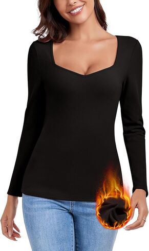WOWENY Thermal Shirts for Women V Neck Fleece Lined Long Sleeve Base Layer Soft Warm Underwear Tops Cold Weather in Kuwait