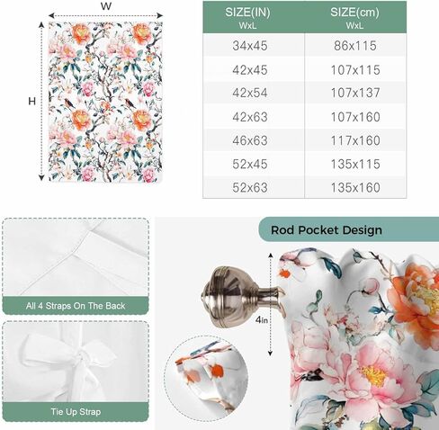 Floral Blossom Tie Up Curtains for Window, Farmhouse Oil Painting Botanical Bird Thermal Insulated Balloon Shade Adjustable Rod Pocket Curtains Valance Panels for Kitchen Bathroom Café 34'' x 45'' in Saudi Arabia