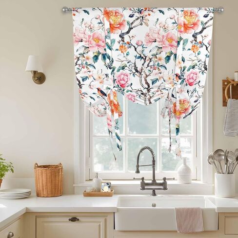 Floral Blossom Tie Up Curtains for Window, Farmhouse Oil Painting Botanical Bird Thermal Insulated Balloon Shade Adjustable Rod Pocket Curtains Valance Panels for Kitchen Bathroom Café 34'' x 45'' in Saudi Arabia