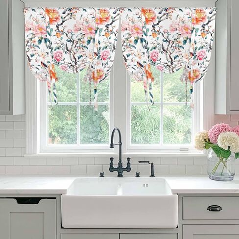 Floral Blossom Tie Up Curtains for Window, Farmhouse Oil Painting Botanical Bird Thermal Insulated Balloon Shade Adjustable Rod Pocket Curtains Valance Panels for Kitchen Bathroom Café 34'' x 45'' in Saudi Arabia